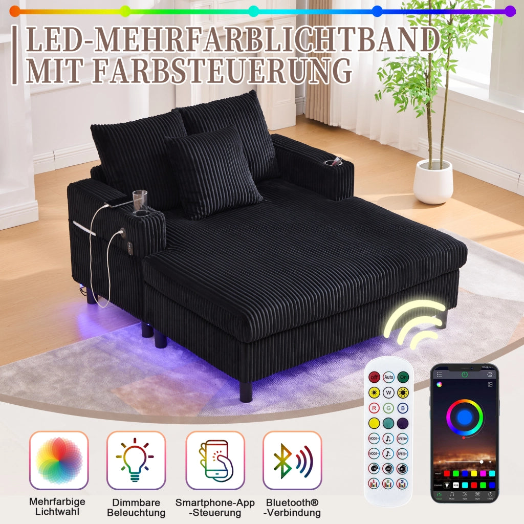 OKWISH Chaise Longue con USB, LED Multicolore e Portabicchieri, Seduta Profonda e Schienale Ergonomico, Velluto a Coste, Nero