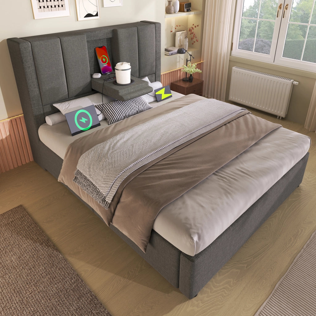 Letto singolo – 90x200 cm – portabicchieri USB contenitore – lino grigio