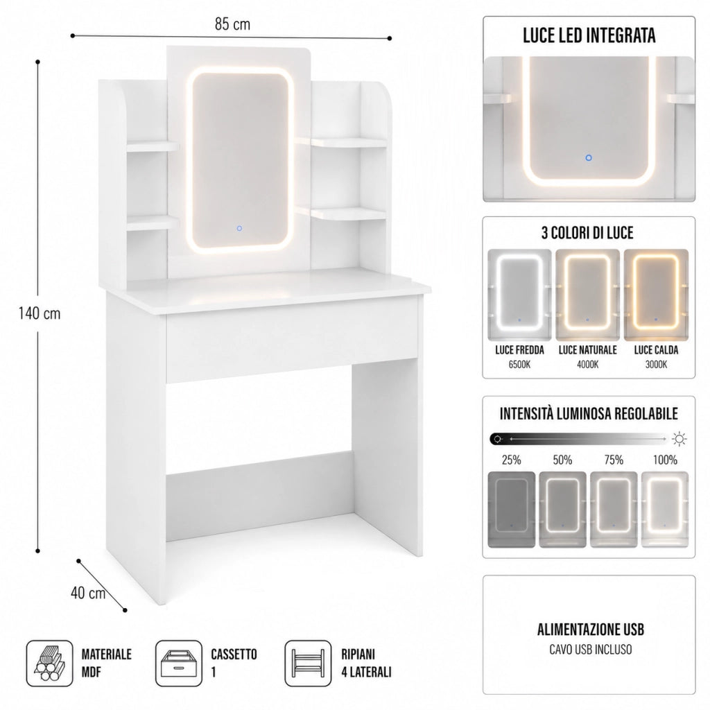 Consolle Trucco con Specchio Led Mobile Makeup 85x40 H140 cm 1 Cassetto 4 Ripiani Luce Regolabile Usb Bianco