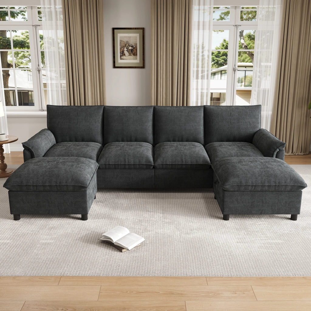 Divano panoramico a U modulare con seduta profonda e 2 pouf mobili con schienale alto e contenitore in chenille nero