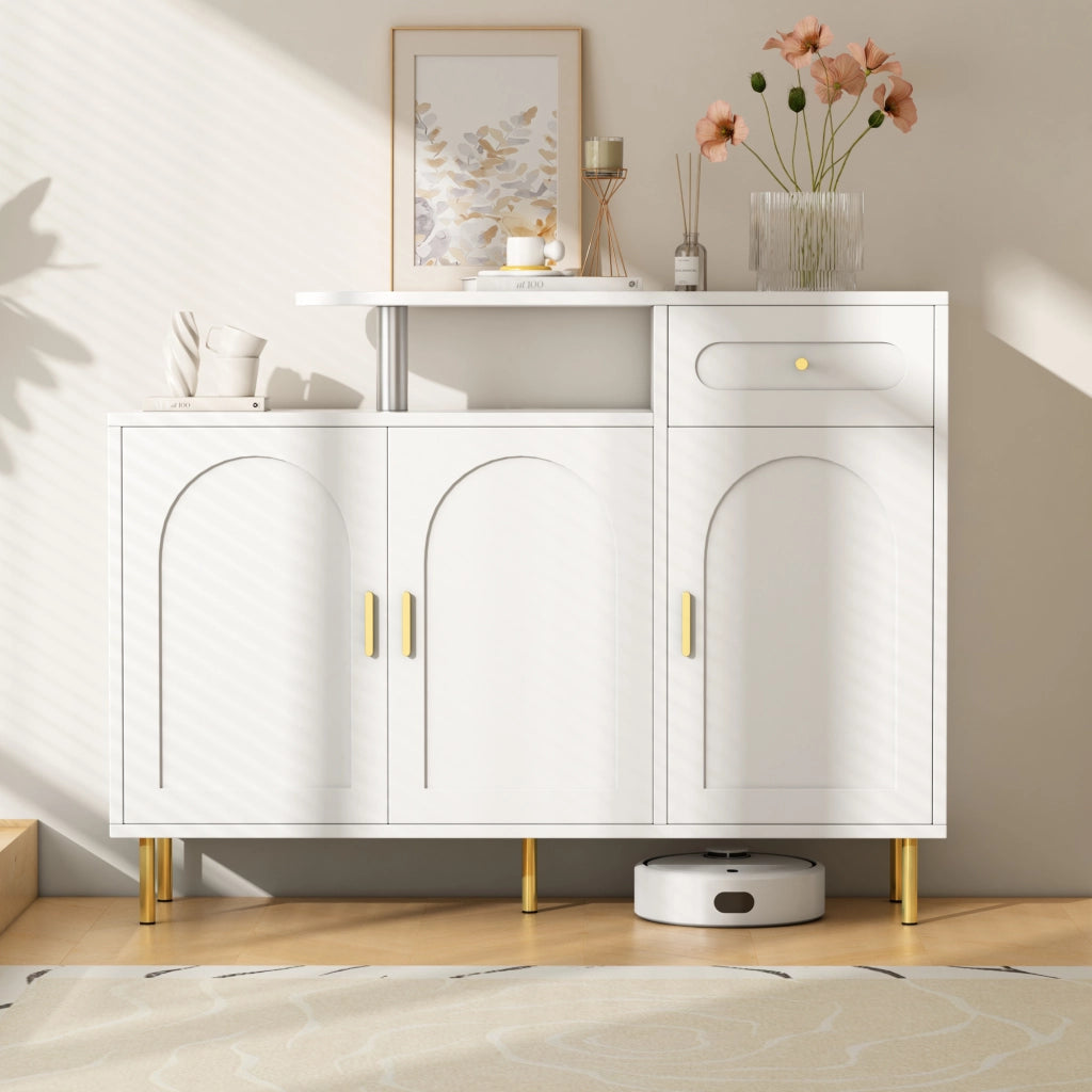 Credenza e madia con 1 cassetto e 3 ante, maniglie in metallo, per soggiorno e ingresso, bianco, 120 × 35 × 92 cm