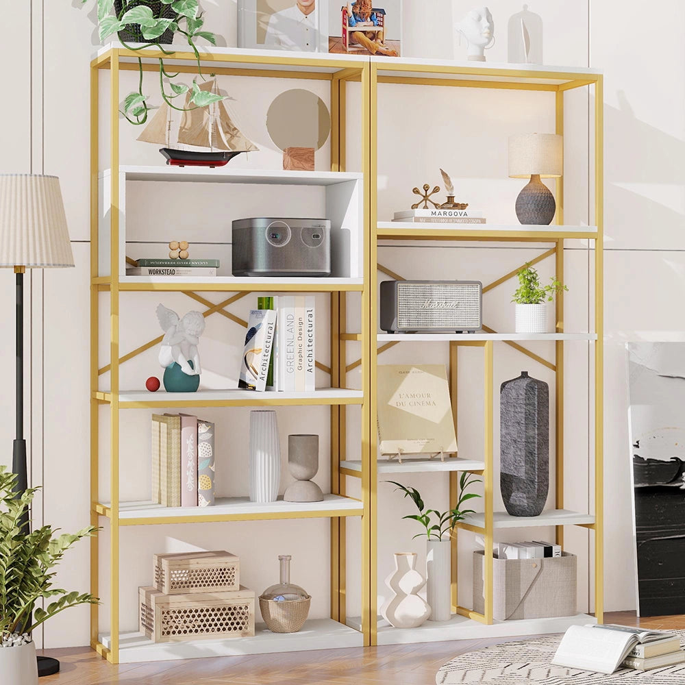 Scaffale moderno - Xylo - 160x29,5x180cm - Oro e bianco - Tubo acciaio + MDF, facile montaggio