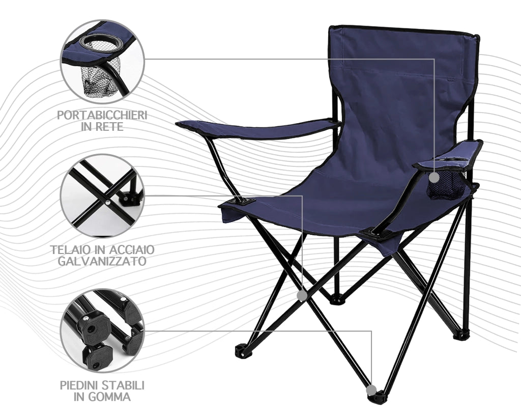 Sedia Camping Pieghevole Struttura In Acciaio Con Tasca PortaBevande Campeggio Sedie Portatile Pescatore SalvaSpazio Impermeabile Antiruggine Vacanze Mare Spiaggia Lettino  Blu