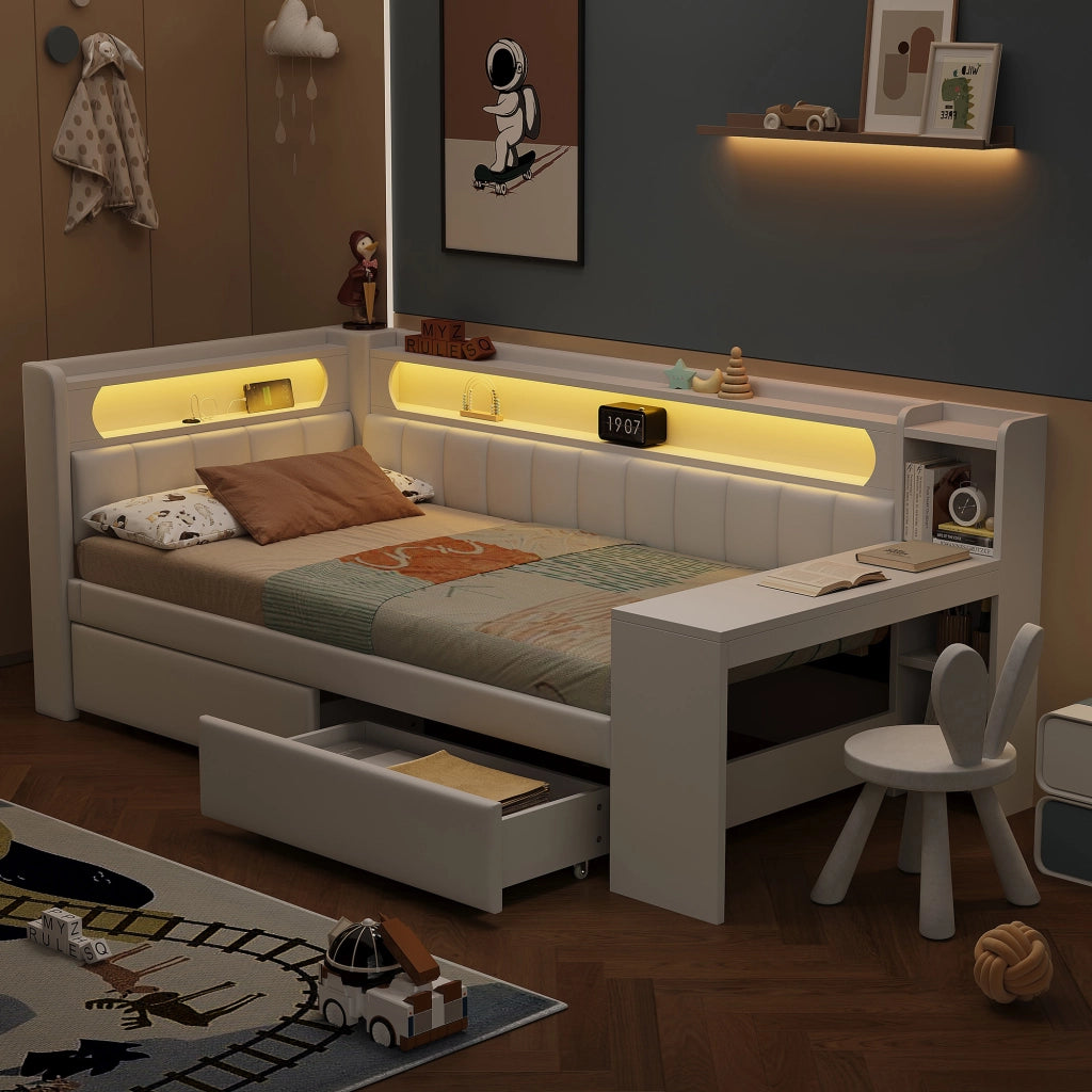 OKWISH Letto a Divano 90×200 cm, Letto Singolo con USB, LED Regolabile e Scrivania, 2 Cassetti, senza Materasso, Bianco