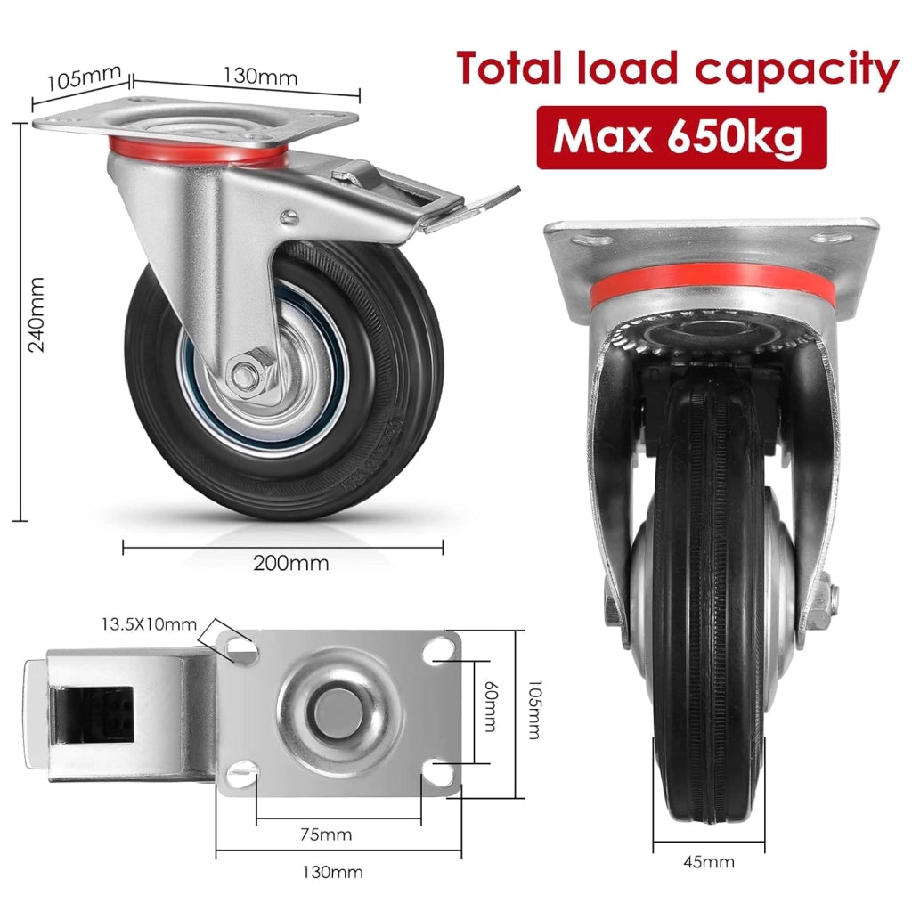 Set di 8 Ruote per Mobili Pesanti con 4 Freno, 200 mm Rotelle Girevoli, Capacità 1280 kg, Carrelli Ruotabili a 360°Nessuna Rumorosità, per Pallet, Trolley, Resistenti