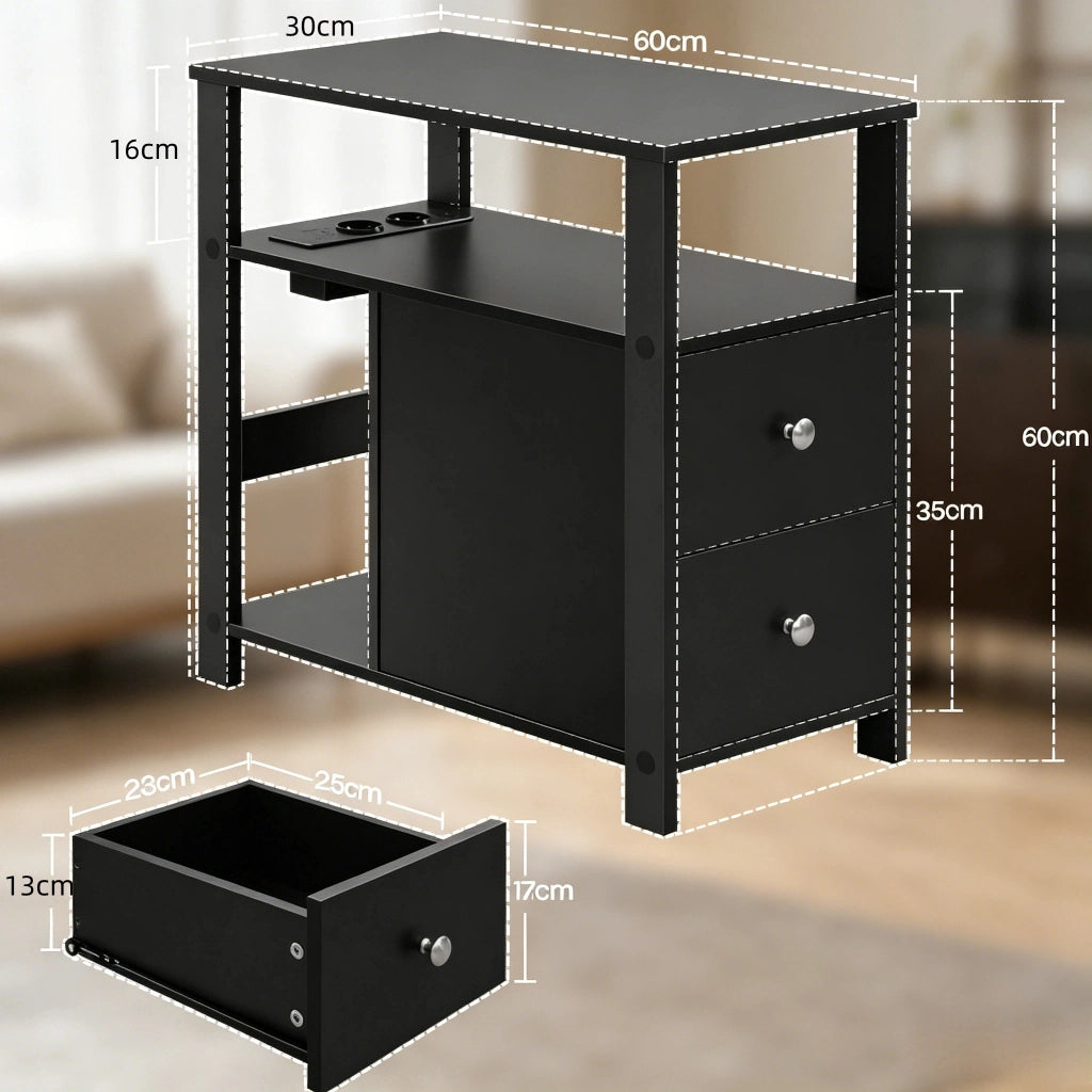 Tavolino basso con 2 cassetti e 2 vani aperti, prese di corrente e USB, per soggiorno e camera da letto, nero, 60 × 60 × 30 cm