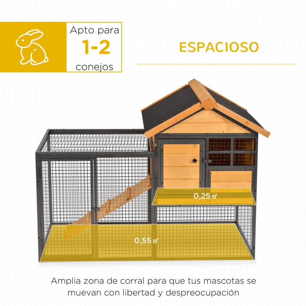 Conejera 2 Livelli per Conigli con Rampa e Bandeja ¨C zephmum ¨C Legno e Grigio 122x63x92 cm