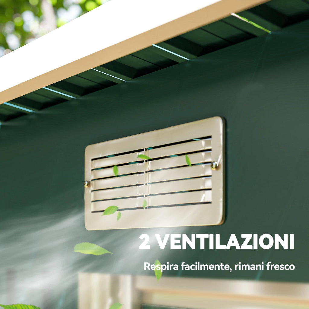 Casetta da Giardino 272x134 cm con Porte Scorrevoli Doppie e 2 Prese d'Aria in Acciaio Verde