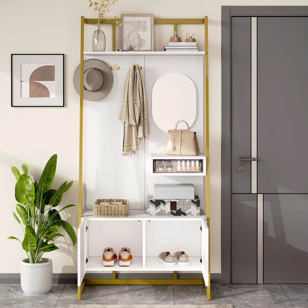 Mobile ingresso compatto con specchio; ganci e scarpiera; 78x38;5x180;5 cm; bianco in MDF