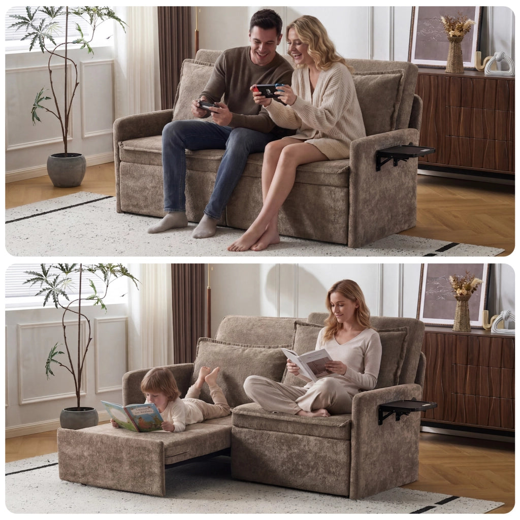 Divano letto 3 in 1 pieghevole con schienale regolabile a 5 livelli porta USB e tasche laterali in chenille marrone