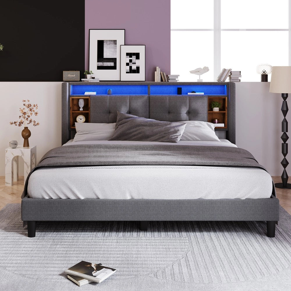 Letto Contenitore Matrimoniale Imbottito con LED e USB ¨C MINIMAL ¨C Grigio 140x200, Rete a Doghe in Legno