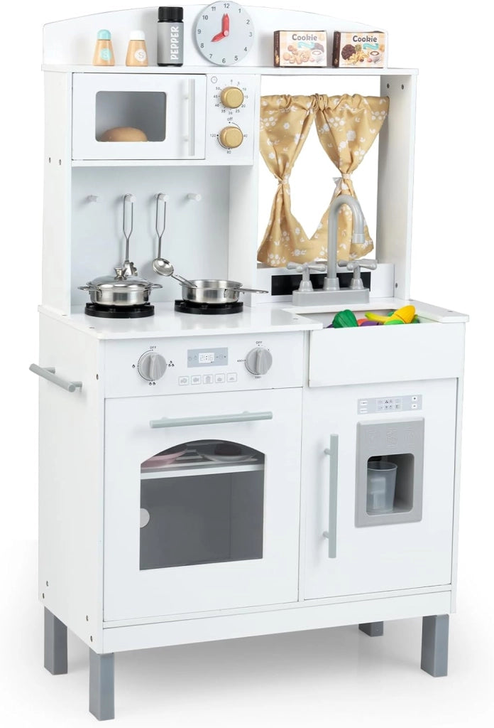 Cucina Giocattolo per Bambini, Cucina Finta in Legno Regolabile in Altezza, Forno a Microonde, Fornelli, Lavello, Forno, Fabbricatore di Ghiaccio, Cucinetta Giocattolo con Tende, per 3+ Anni