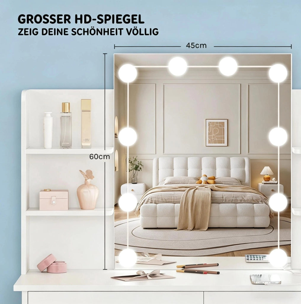 Tavolo da trucco bianco con specchio, luci e prese USB
