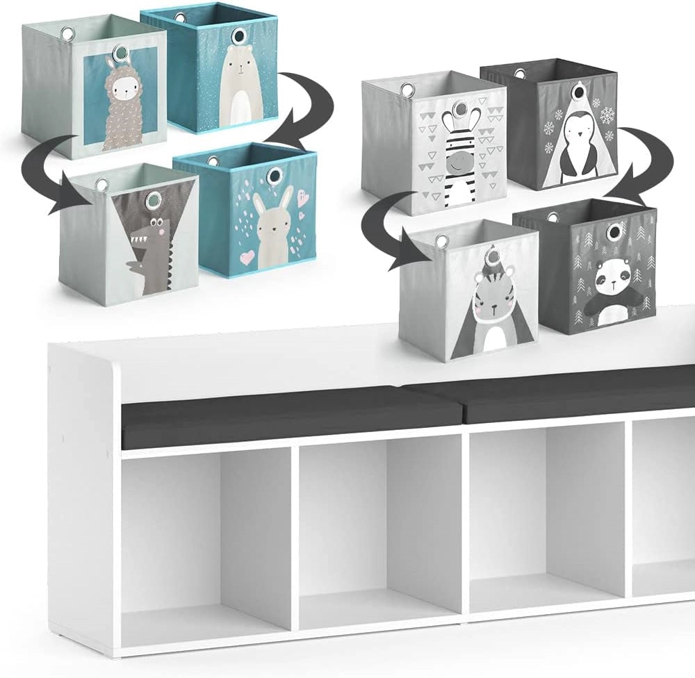 Scaffale per bambini Luigi, Bianco, 31.2 x 53.4 cm con 4 scatole pieghevoli opt.2, adatto per riporre giocattoli e libri