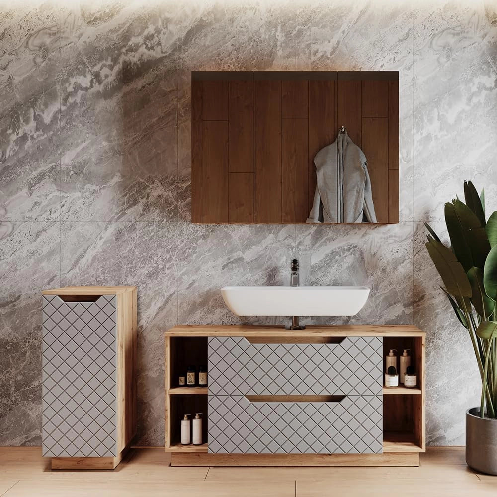 Set di mobili da bagno Lotta, Rovere/grigio con struttura in piastrelle, 3 parti