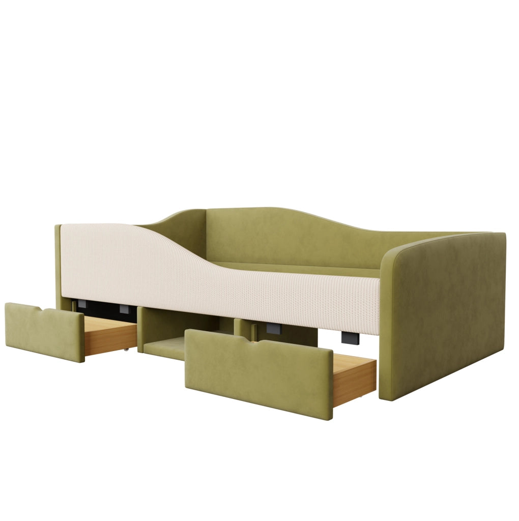 Letto imbottito 90x190 cm con sponde e contenitore in velluto verde e avorio