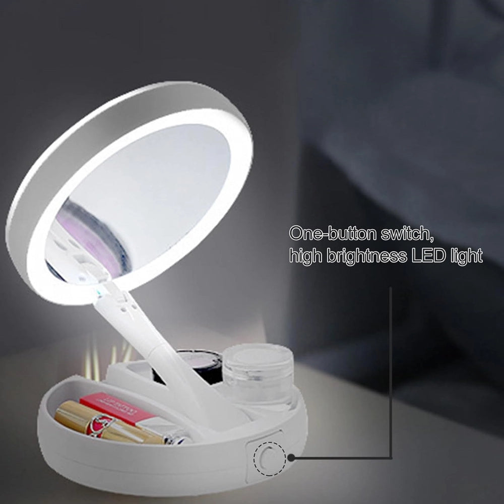 Trade Shop - Specchio Trucco Luce Led Da Tavolo Bifacciale 10x/1x 360° Contenitore Portatile Pieghevole -