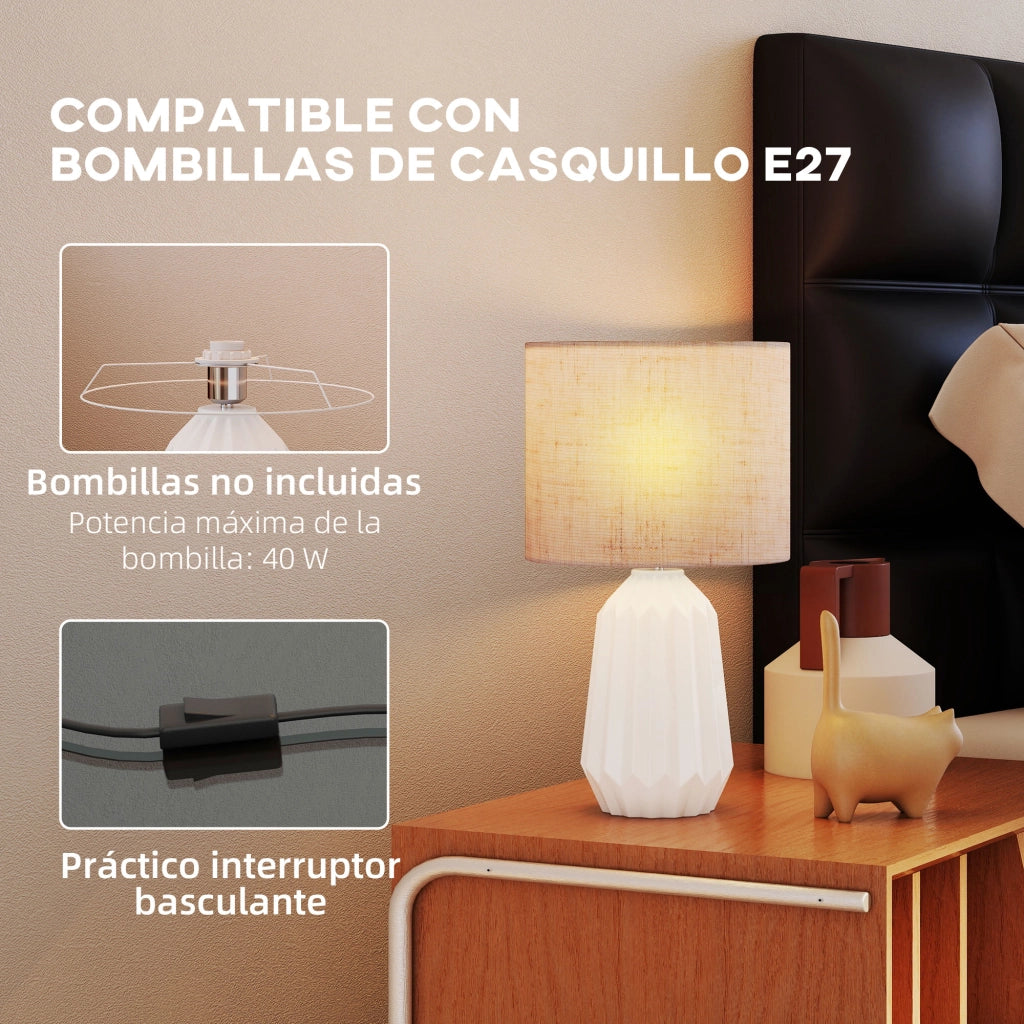 Lampada da Tavolo Ceramica ¨C Xylo ¨C Paralume Lino Bianco e Beige 40W