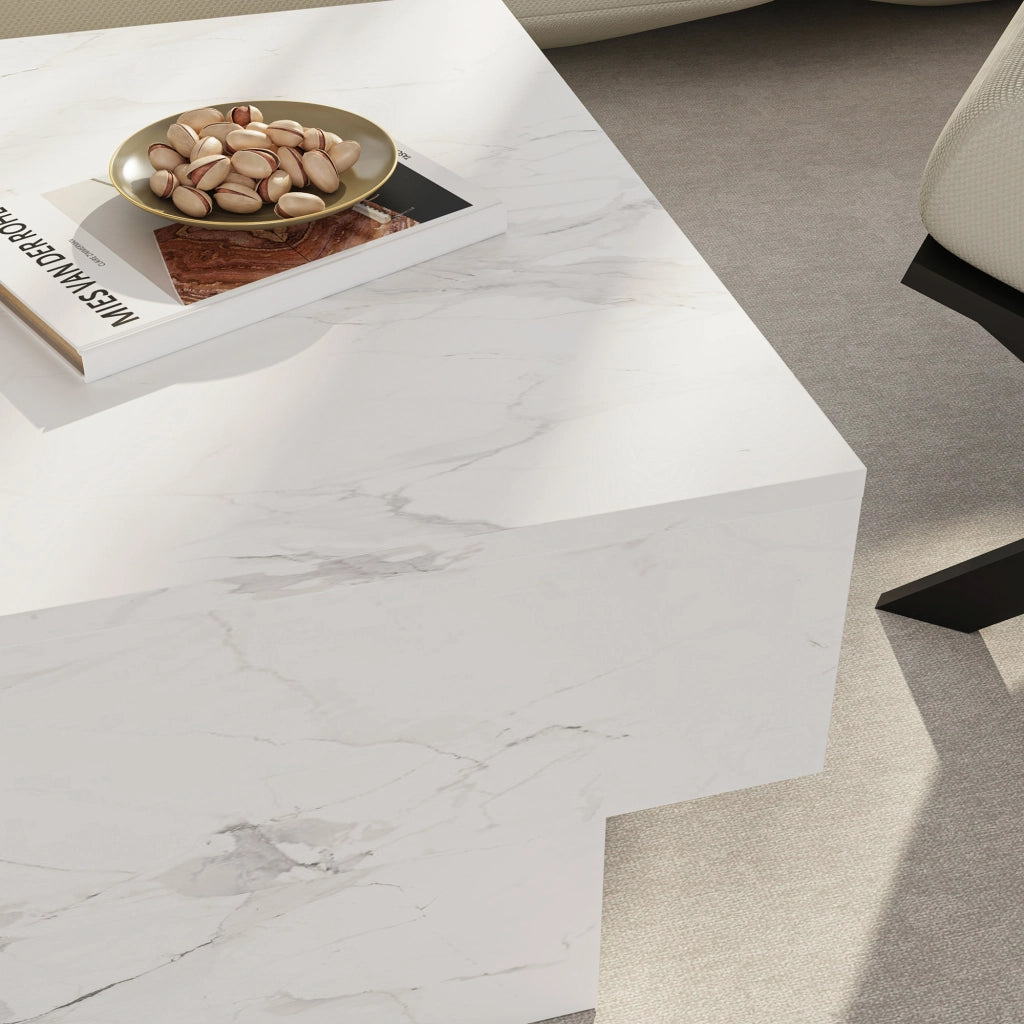 Tavolino Centrale Lens da Salotto con Piano Scorrevole 80 x 60 x 36 cm - Effetto Marmo Bianco [en.casa]