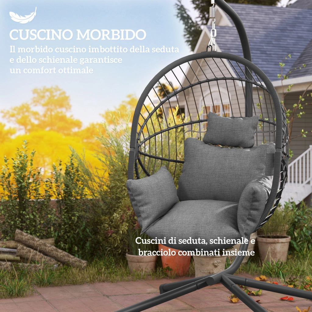 Poltrona Sospesa a Uovo 120x106x188 cm con Cuscino Imbottito e Cesto Pieghevole Grigio