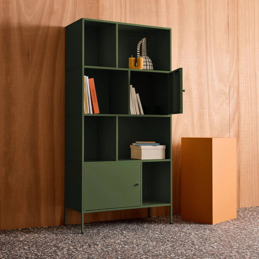 Credenza industriale in metallo con 8 scomparti, verde