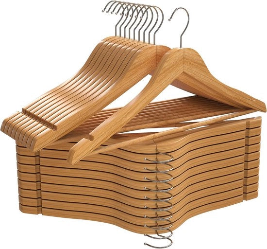 Hanger anti-slip in legno con barra rotonda e solchi di spalla - gancio rotante 360° - resistente e sottile - set da 20 - hanger per giacca e pantaloni - finitura naturale