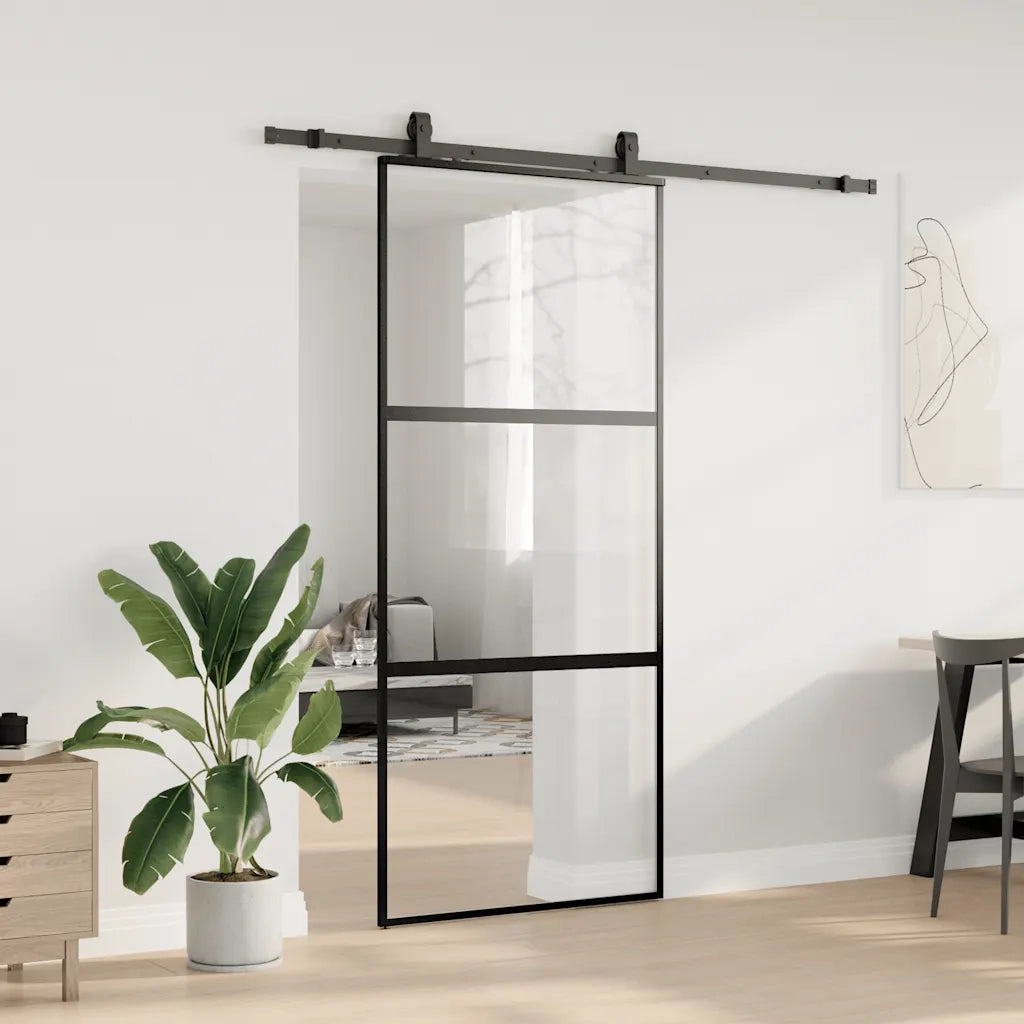Porta Scorrevole Set Ferramenta Nera 90x205 cm Vetro Temperato