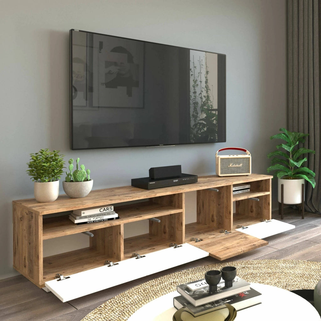 Mobile porta TV Axi, Credenza da soggiorno, Armadio basso per TV, Base parete attrezzata, 180x45h45 cm, Quercia e Bianco