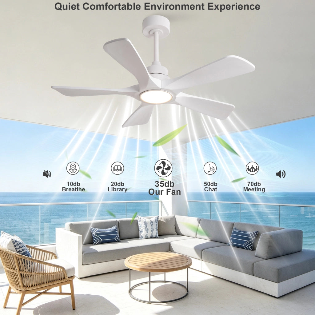 Ventilatore da soffitto bianco puro 42 pollici, 5 pale legno massello rinforzate, motore DC reversibile silenzioso, design moderno classico