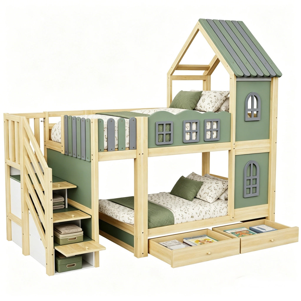 Letto a castello a casetta 90x200 cm con scala contenitore e cassetti
