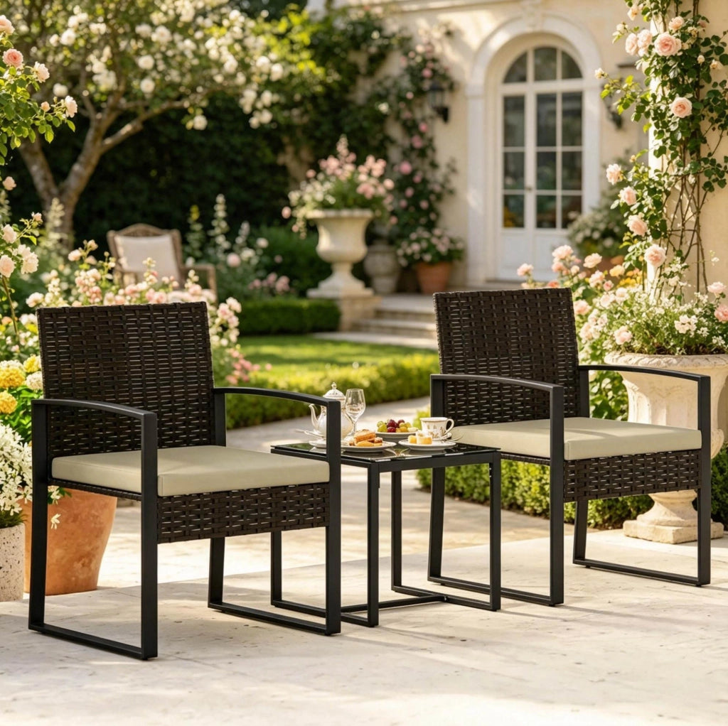 Set bistro da giardino con 2 sedie e tavolino; nero; marrone e kaki