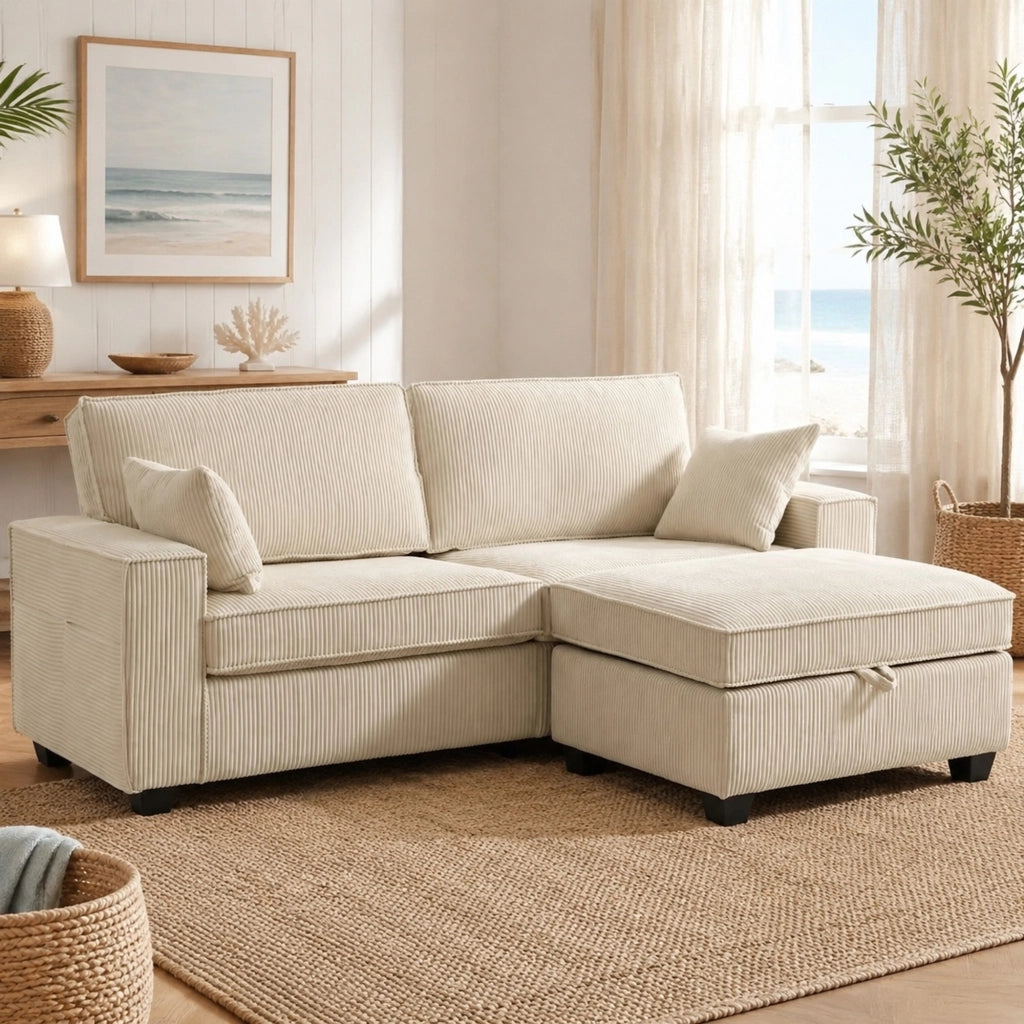 Divano angolare 3 posti in velluto a coste con pouf contenitore beige