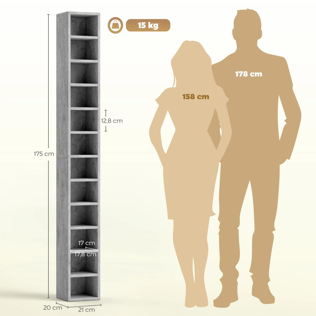 Mobile Libreria Porta CD 21x20x175 cm a 12 Ripiani per 204 CD in MDF e Truciolato Grigio