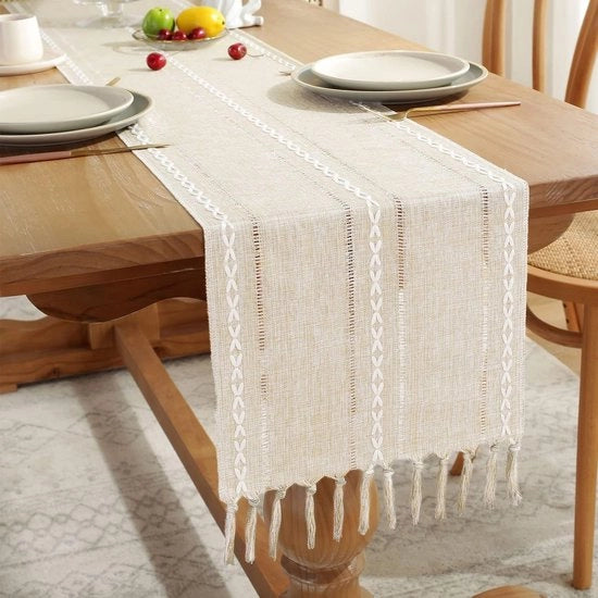 Tavolo da Pranzo in Stile Rustico 33x305cm, Tavolo da Pranzo con Tessuto Gevlochten e Strisce in Lino, Tavolo da Pranzo con Piumini per Sala da Pranzo, Cucina, Lettura, Dresser Decorativo, Beige