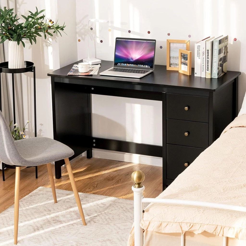 Scrivania per Computer con 3 Cassetti, Scrivania Salvaspazio con Dispositivo Antiribaltamento, Postazione di Lavoro Multifunzionale per Casa e Ufficio, 120 x 50 x 75 cm (Nero)