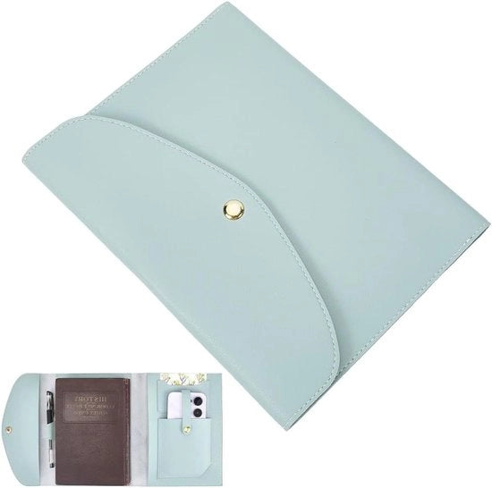 Portafoglio organizzatore in pelle scura verde con cartelle per carte, impermeabile - copertura per notebook, cellulare e carte.