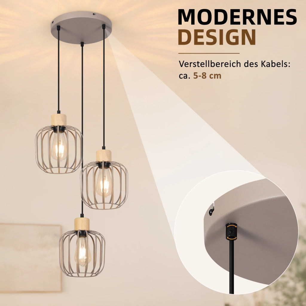 ZMH Lampada a Sospensione 3 Luci Grigio Legno Rotonda E27 Moderna per Soggiorno Cucina Isola Corridoio Senza Lampadina