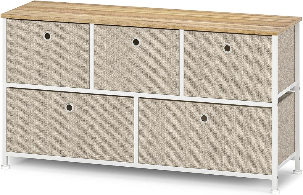 Cassettiera con 5 Cassetti in Tessuto Comodino Basso Design Organizer Pratico Metallo Armadietto Multiuso per Ingresso Camera da letto Cucina Corridoio Soggiorno in Legno e Acciaio Bianco e Beige