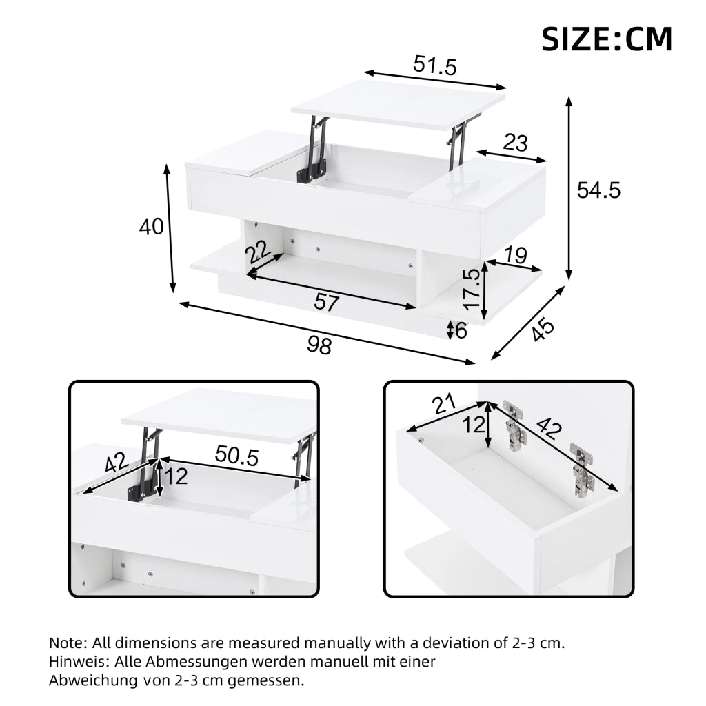Tavolino basso sollevabile con piano rialzabile 2 vani con anta a ribalta 4 vani aperti LED bianco 98 × 45 × 40 cm