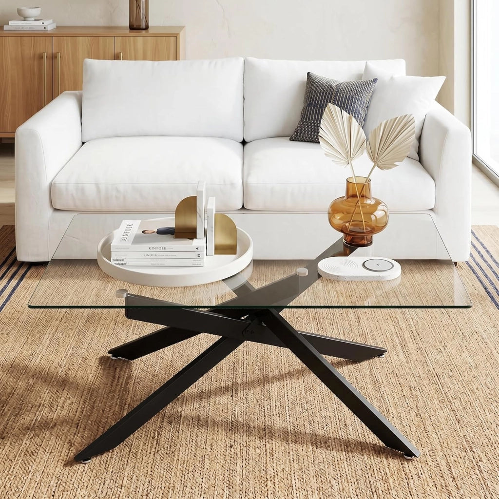 Tavolino da Salotto con Piano in Vetro Temperato, Gambe Incrociate e Piedini Regolabili, Tavolo Basso in Stile Industriale per Soggiorno, Camera da Letto, Ufficio, 120 X 60 X 45,5 CM (Nero)
