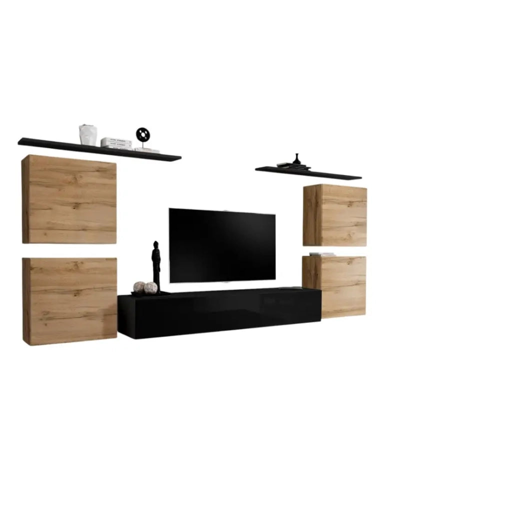 Set di mobili da salotto SWITCH IV design, colore nero lucido e rovere Wotan.