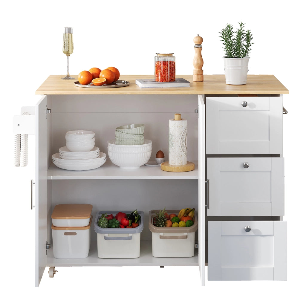 Carrello cucina mobile con piano pieghevole 135x44(70)x90 cm, 3 cassetti, armadietto a 2 ante, bianco/naturale