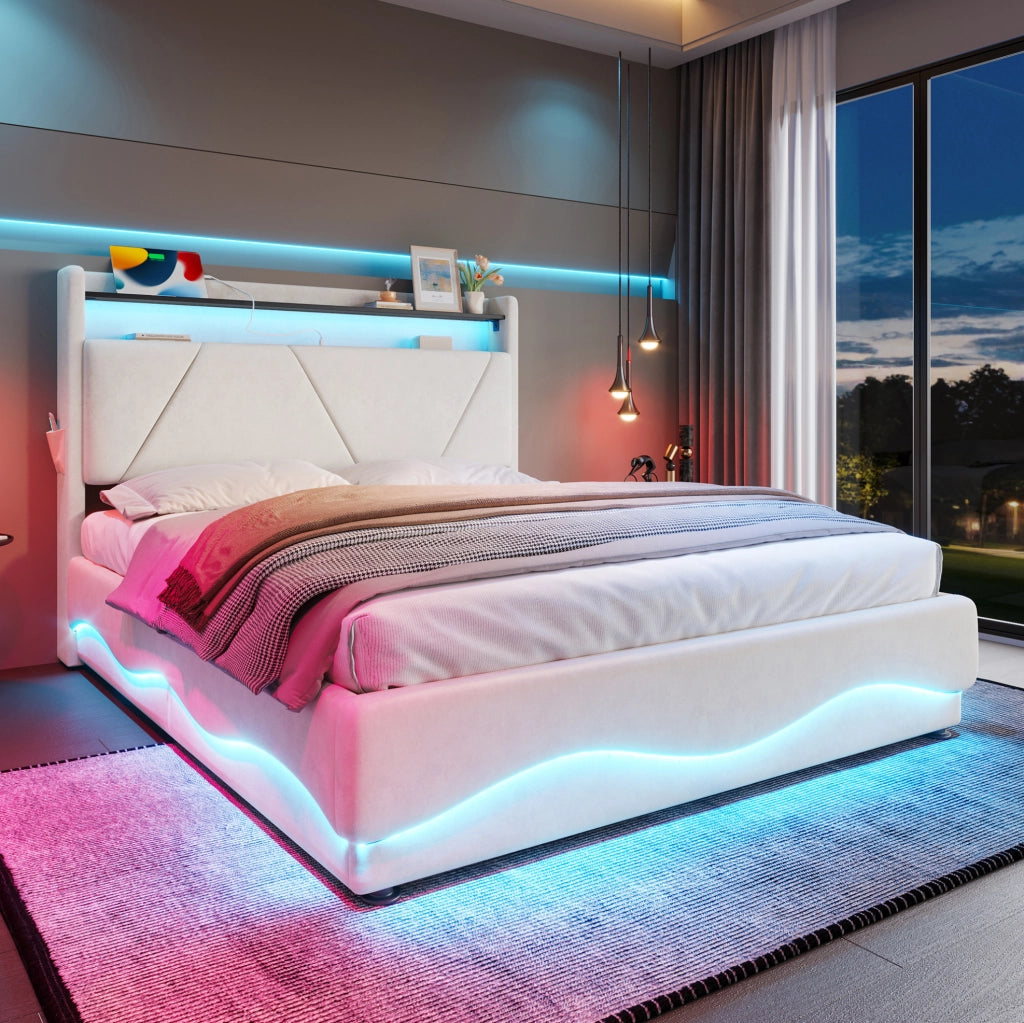 Letto matrimoniale 160x200 cm in velluto beige con LED e USB
