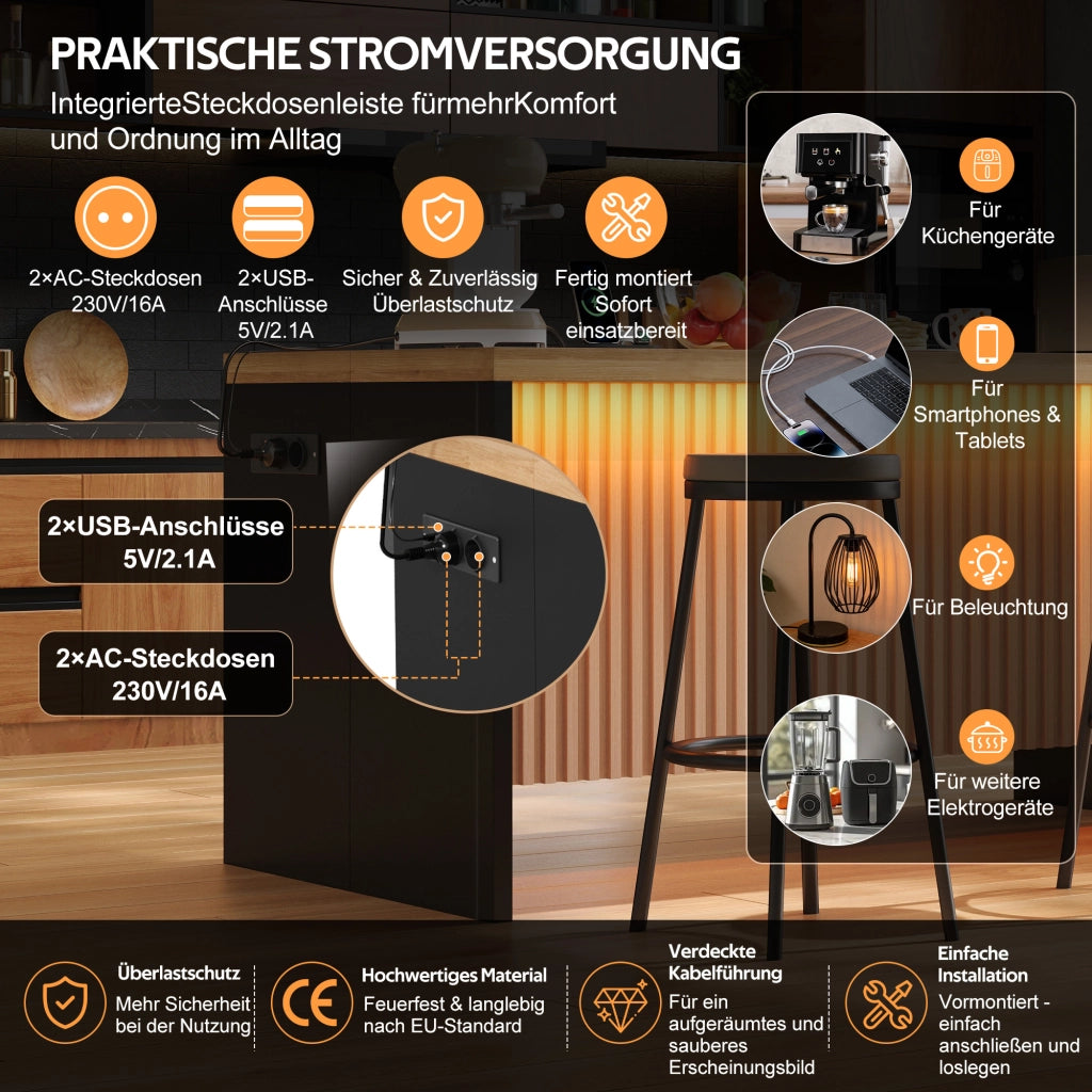 ISOLA CUCINA con illuminazione LED, prese e USB 155x80x90 cm MDF Nero/Naturale