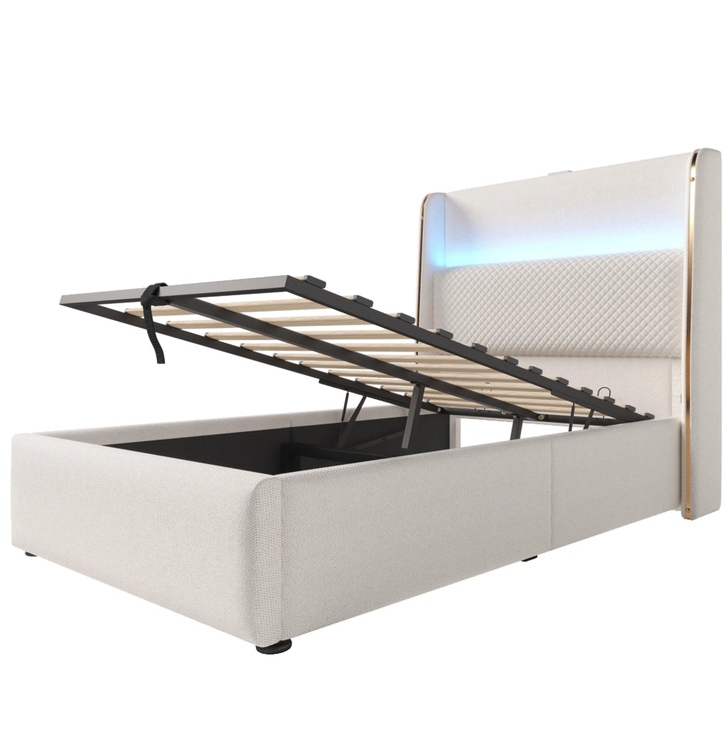 Letto matrimoniale singolo 90x200 cm con testiera alta; LED; stoccaggio e porte USB Type C; beige