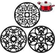 Set di 3 asciugamani per piatti / sottopiani - Sottopiani in silicone rotondi e versatili - Asciugamani a forma di fiore per piatti, bottiglie, tavolate da pranzo e accessori da cucina - Nero, 19,5 cm