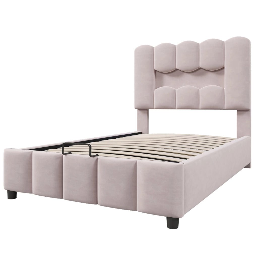 Letto imbottito 90x200 cm con contenitore idraulico; LED e testiera regolabile in velluto rosa