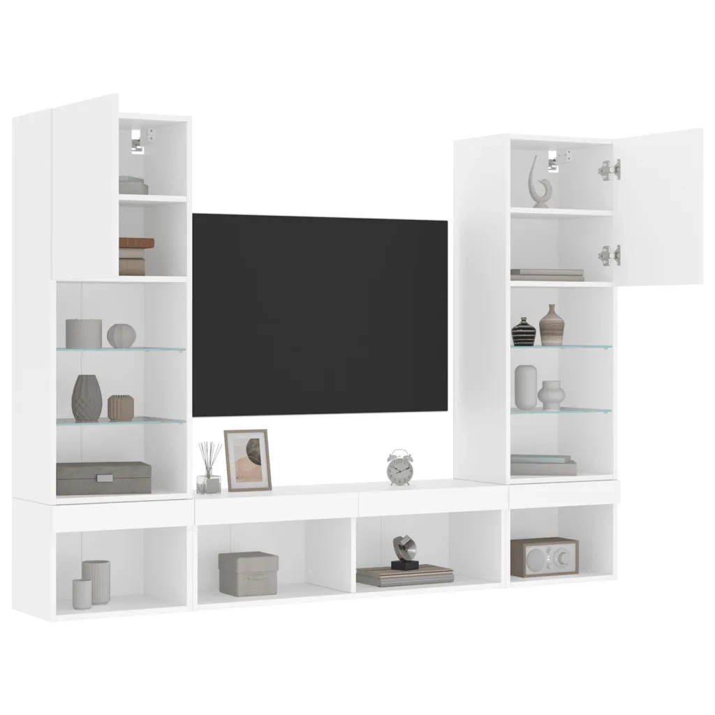 Mobili TV a Muro con LED 5pz Bianchi in Legno Multistrato 3216690
