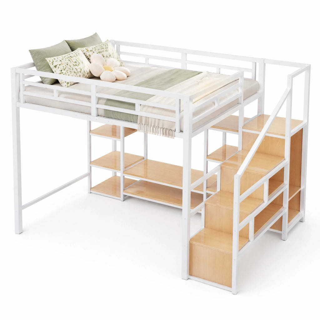 Letto a soppalco 140x200 cm in metallo e MDF bianco con supporto TV; presa e scala di sicurezza