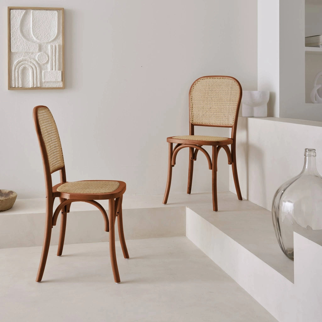Set di 2 sedie vintage in legno e rattan, noce